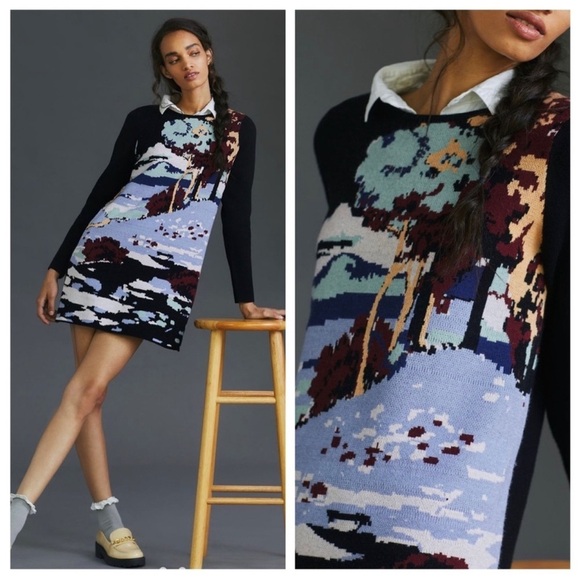 Anthropologie Dresses & Skirts - NWOT Anthropologie Maeve Scenic Black Mini Long Sleeve Sweater Knit Dress XS